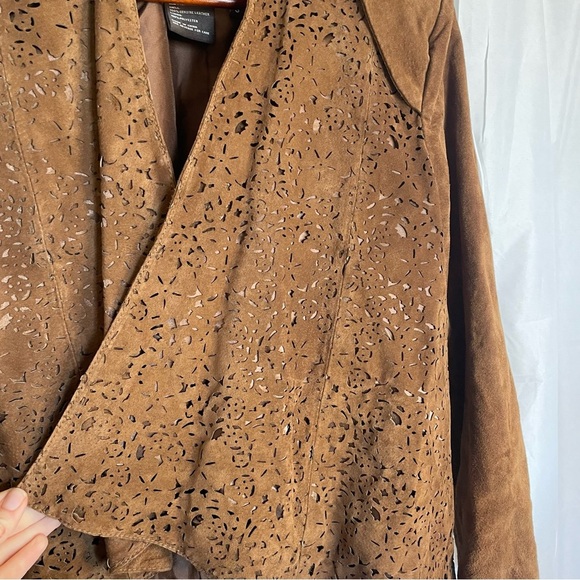 CHI BY FALCHI Women’s Brown Genuine Leather Open Front Cut Out Jacket Size Small - Picture 5 of 17